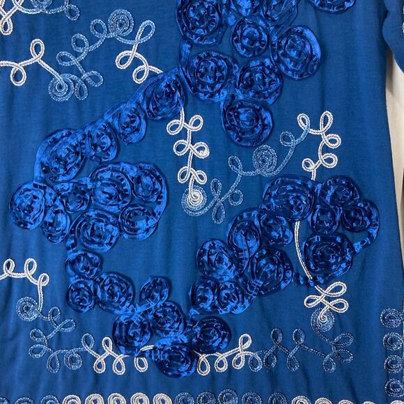 Nwot ONCE AGAIN Top M Blue Embroidery Silver Ribbon-Soutache-Floral Long-Sleeve - Picture 5 of 10